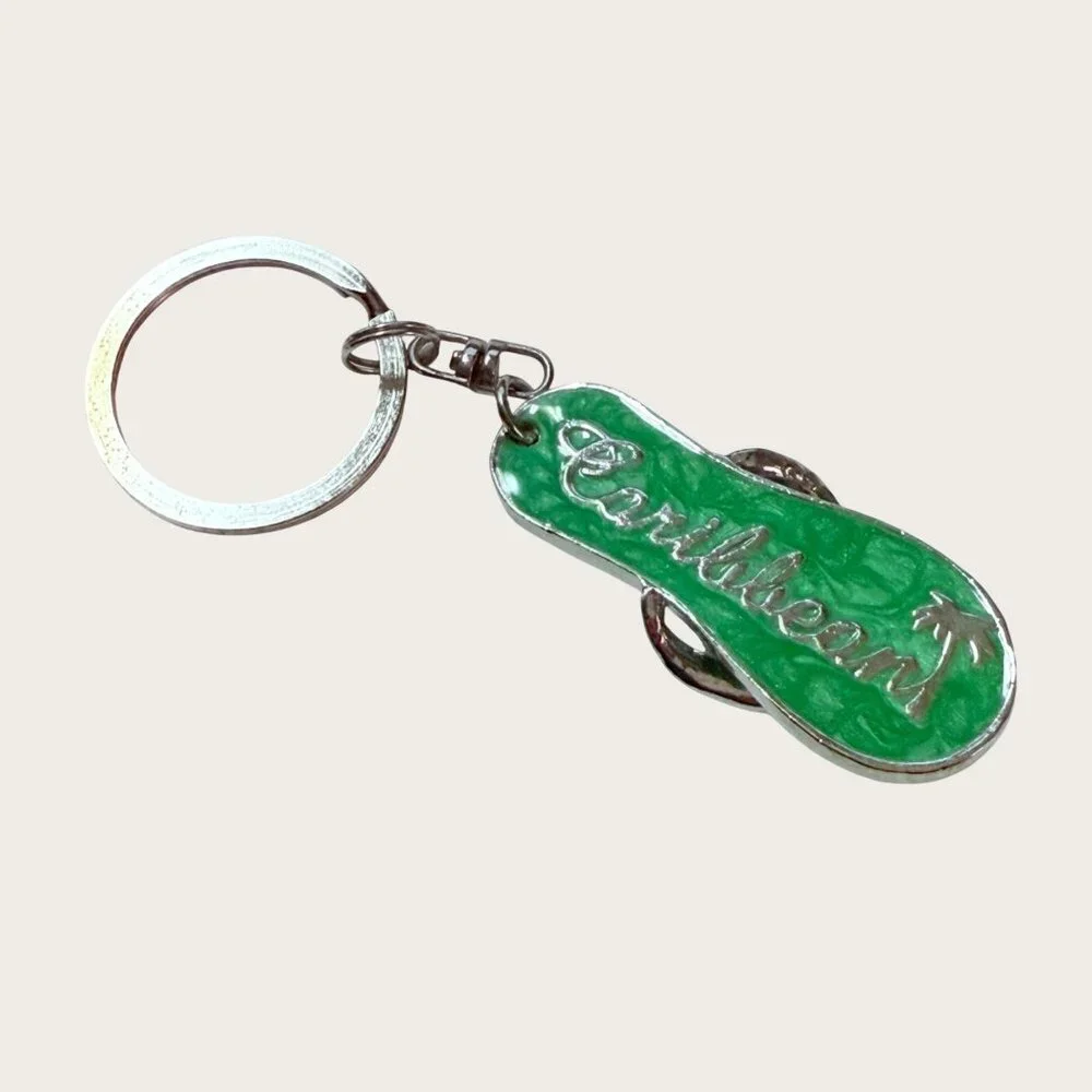 Caribbean Green Flip Flop Keychain Keyring Rhinestones Vacation Travel